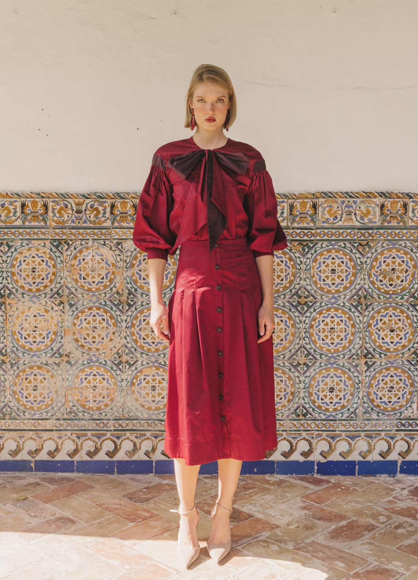 Bessie-Simone burgundy blouse and skirt set